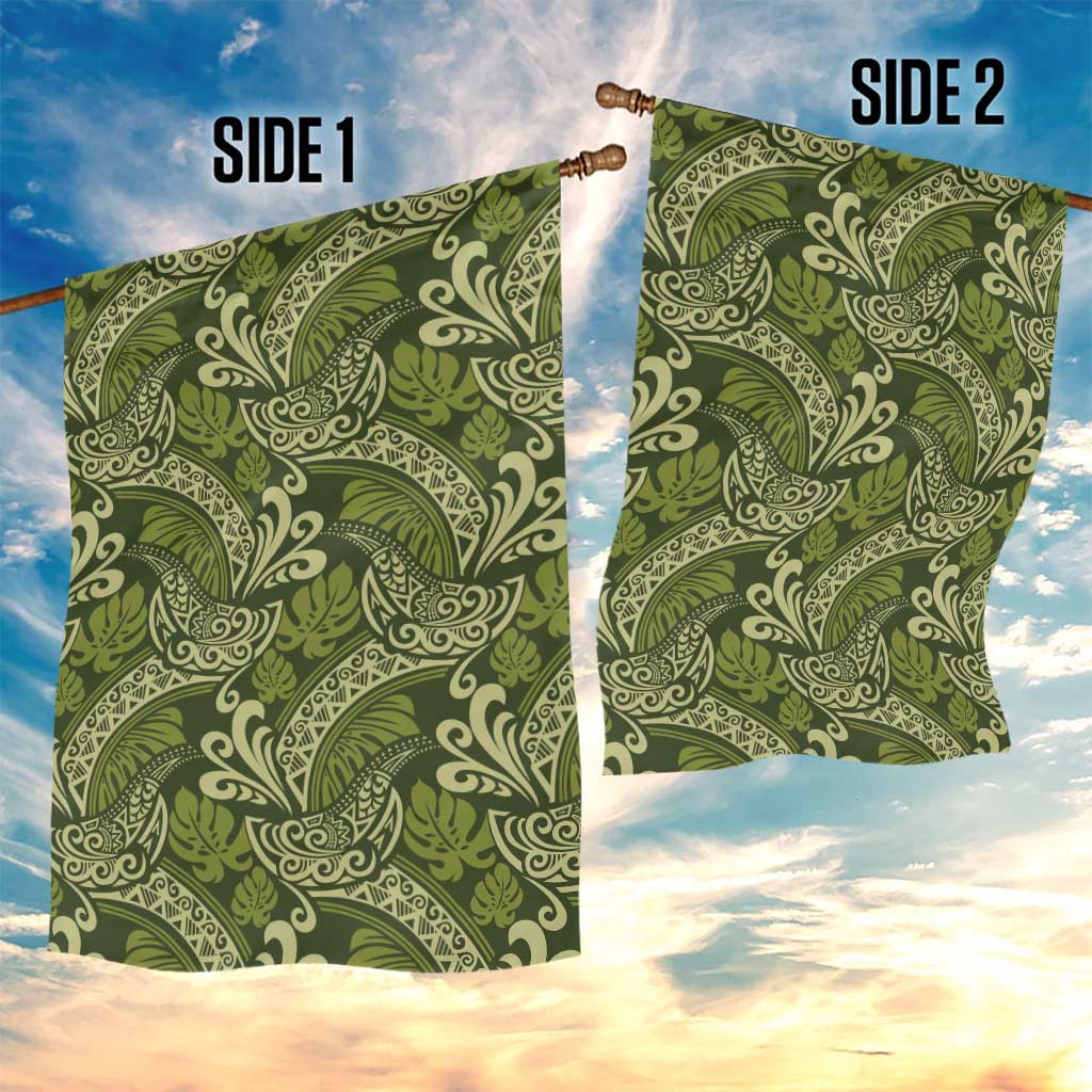 Olive Green Monstera Garden Flag Polynesian Tribal Pattern - Polynesian Pride