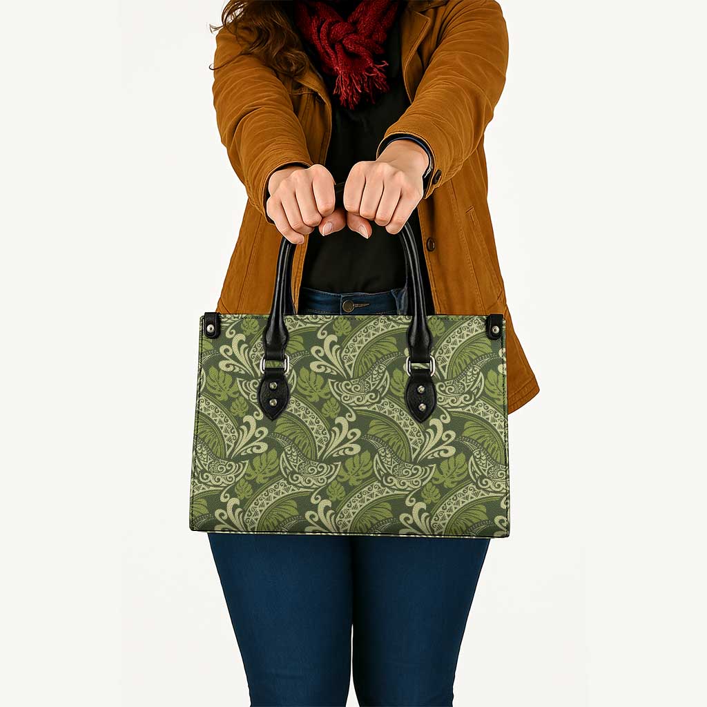 Olive Green Monstera Leather Bag Polynesian Tribal Pattern - Polynesian Pride