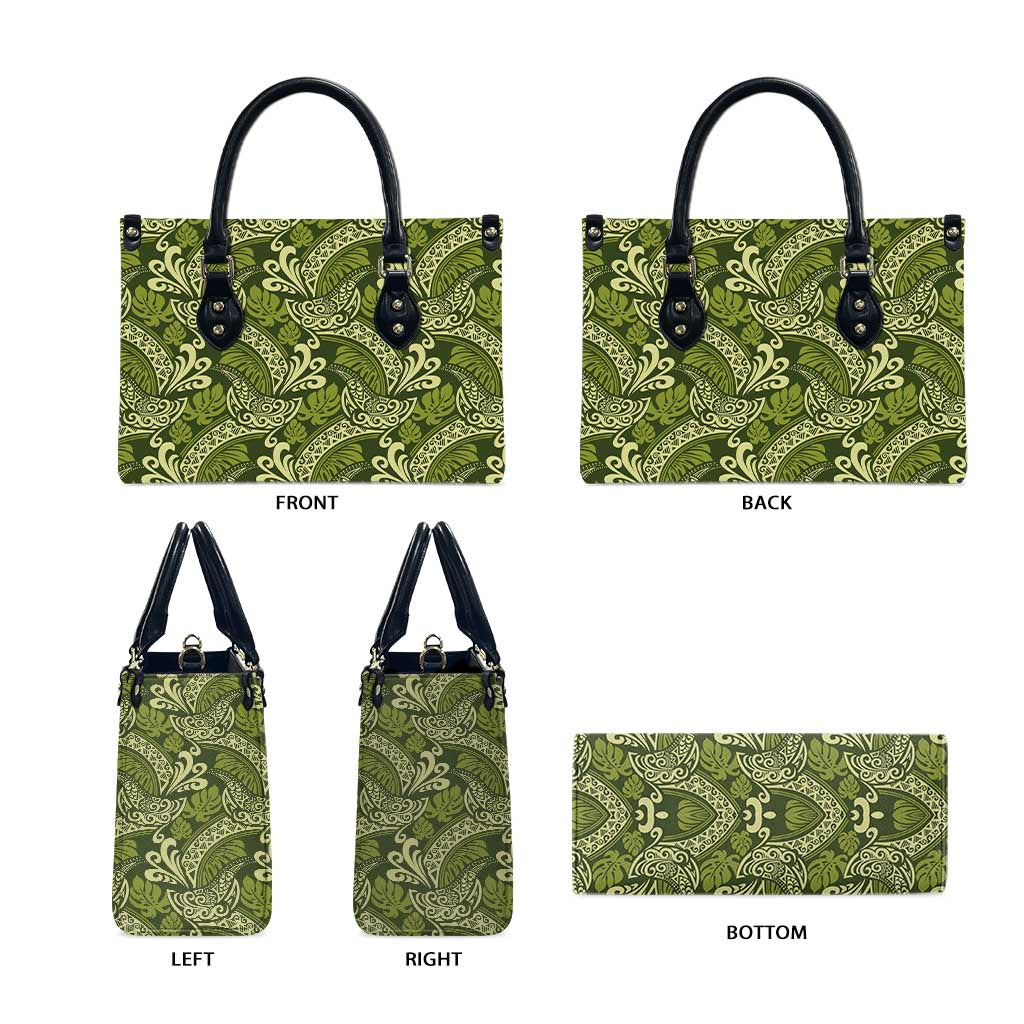 Olive Green Monstera Leather Bag Polynesian Tribal Pattern - Polynesian Pride