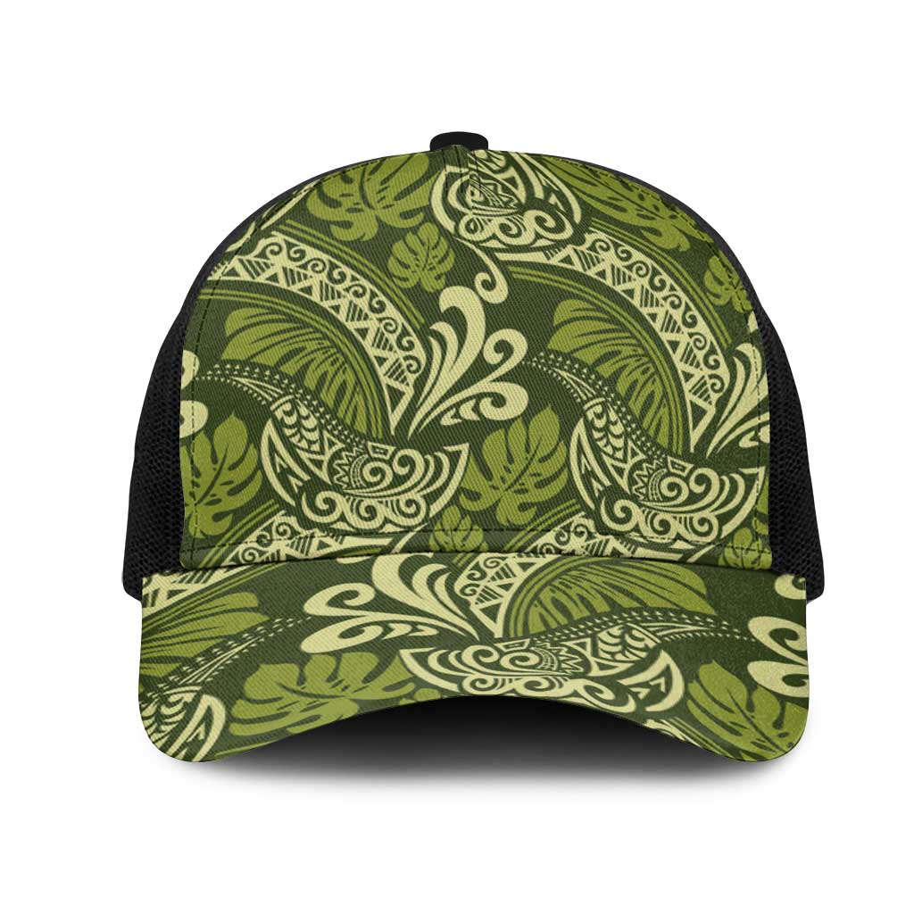 Olive Green Monstera Mesh Trucker Cap Polynesian Tribal Pattern - Polynesian Pride