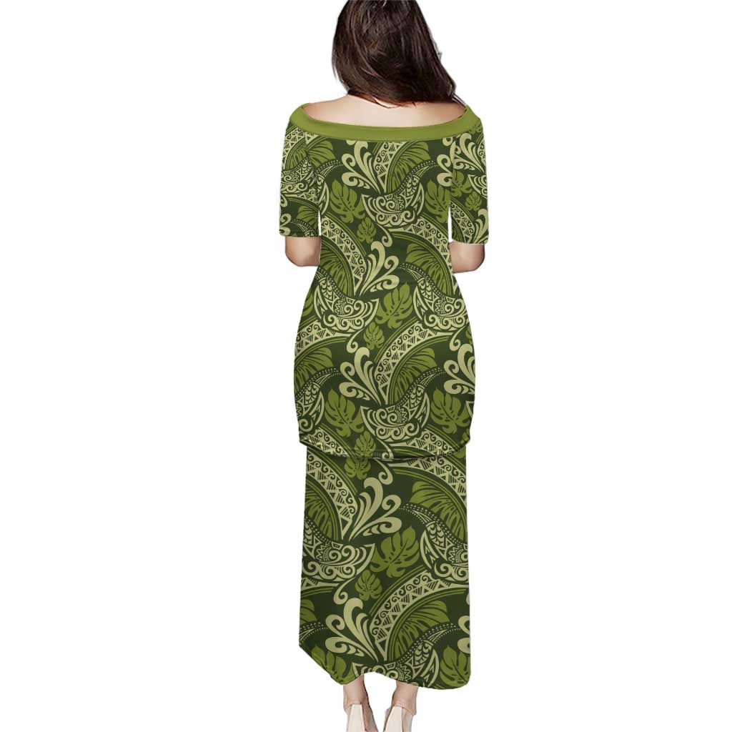 Olive Green Monstera Puletasi Polynesian Tribal Pattern - Polynesian Pride