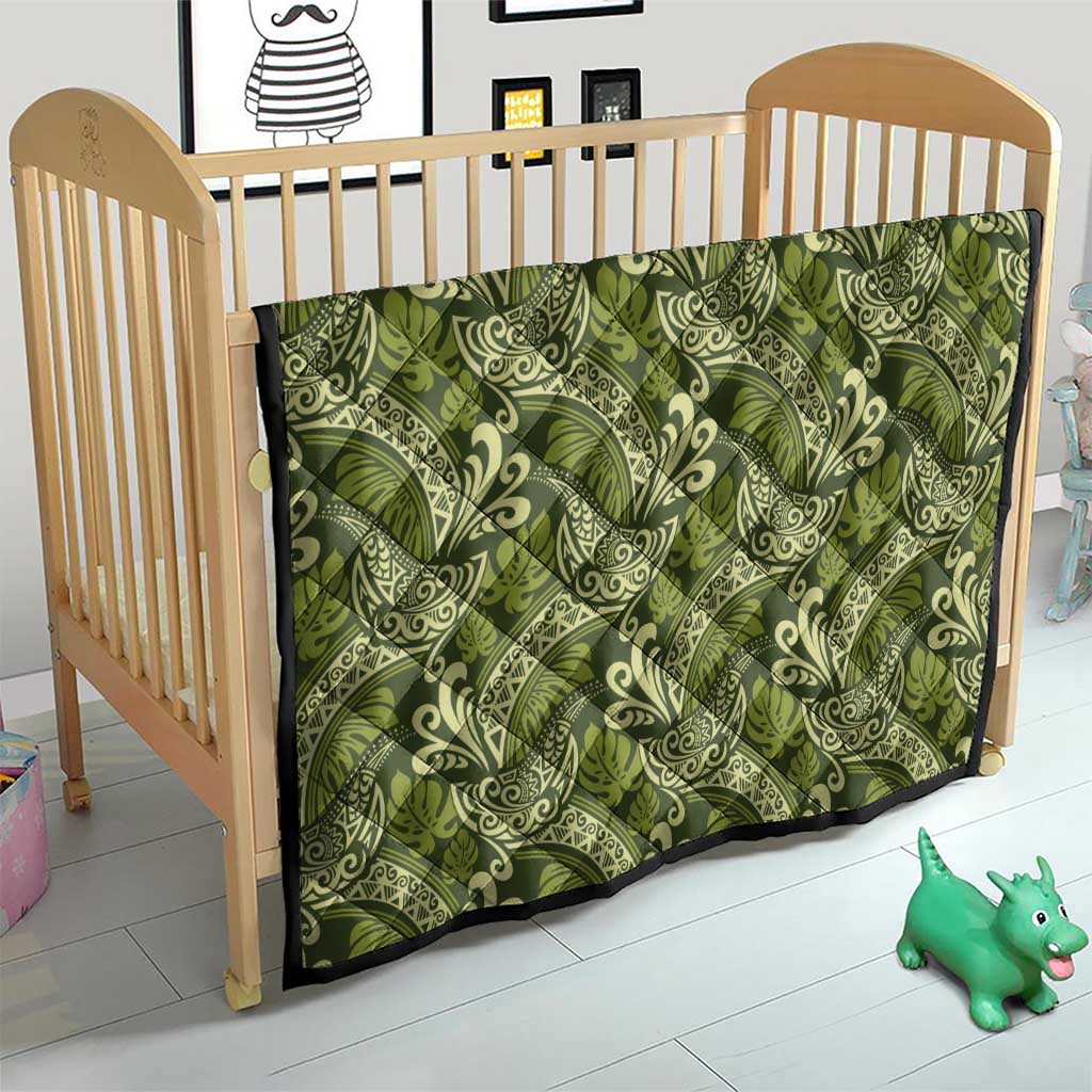 Olive Green Monstera Quilt Polynesian Tribal Pattern - Polynesian Pride