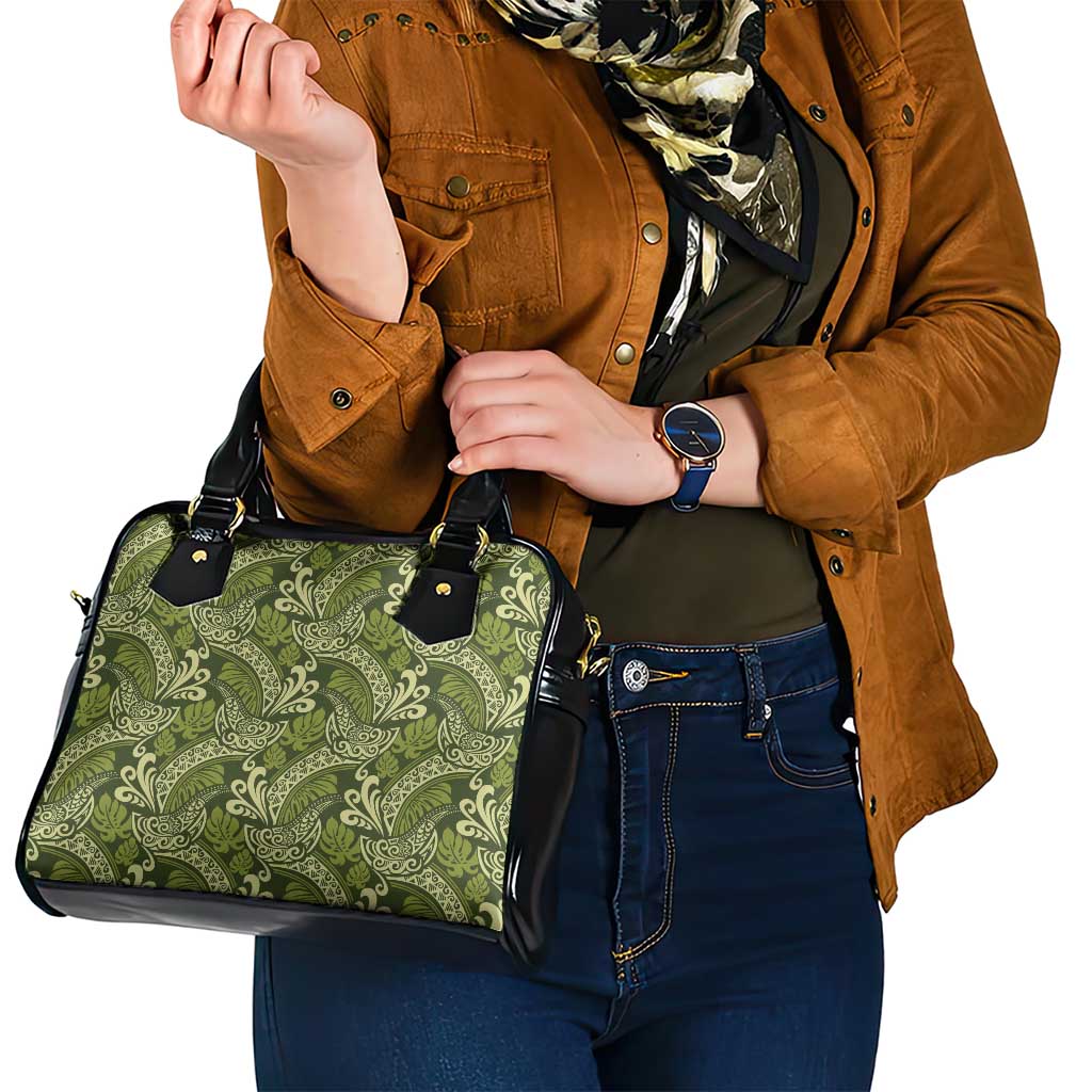 Olive Green Monstera Shoulder Handbag Polynesian Tribal Pattern - Polynesian Pride