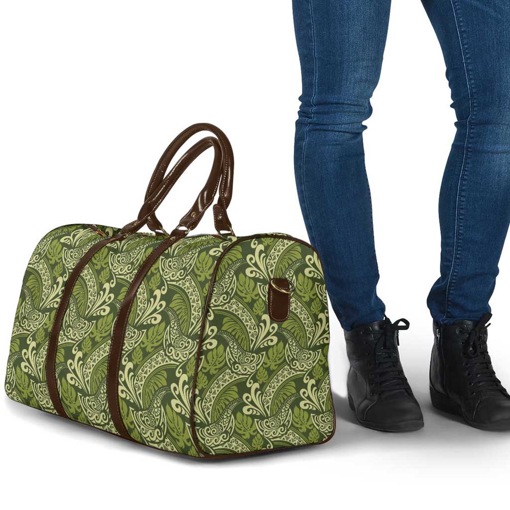 Olive Green Monstera Travel Bag Polynesian Tribal Pattern - Polynesian Pride