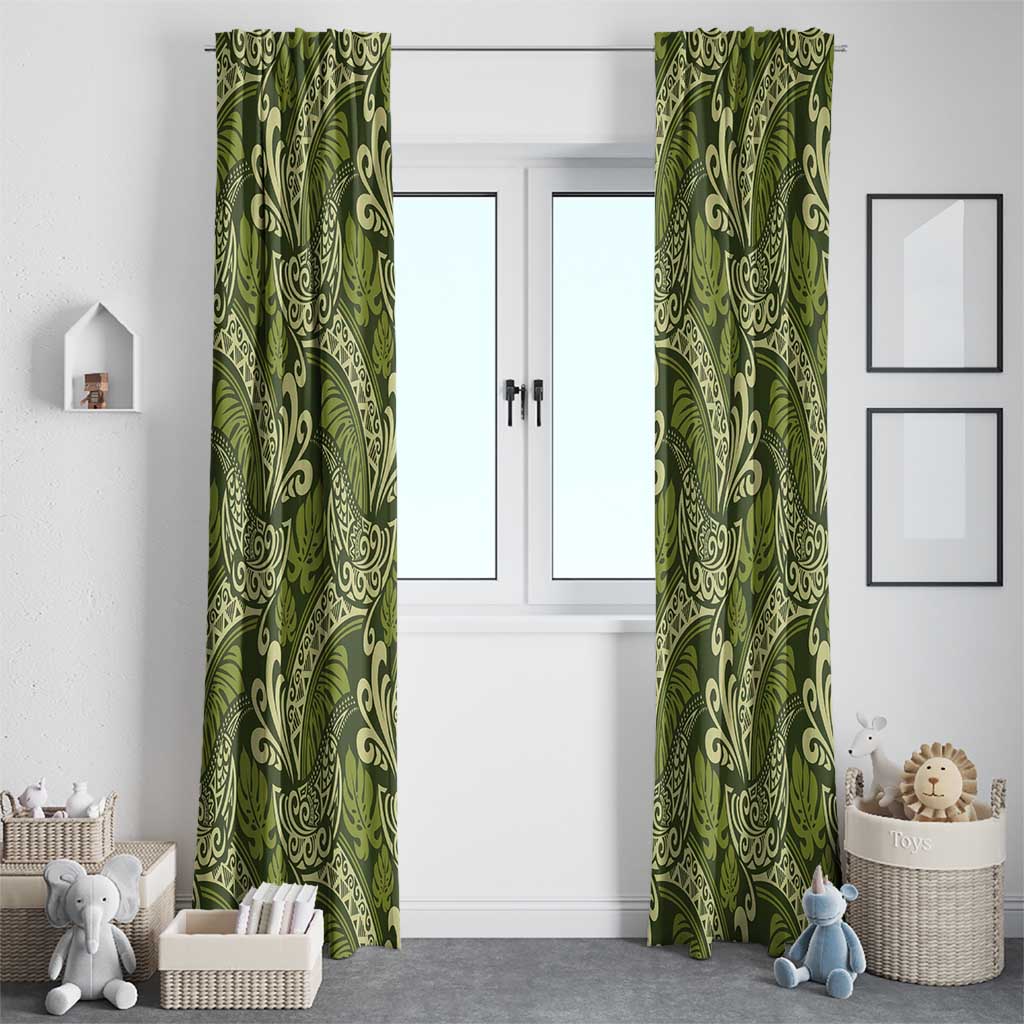 Olive Green Monstera Window Curtain Polynesian Tribal Pattern - Polynesian Pride