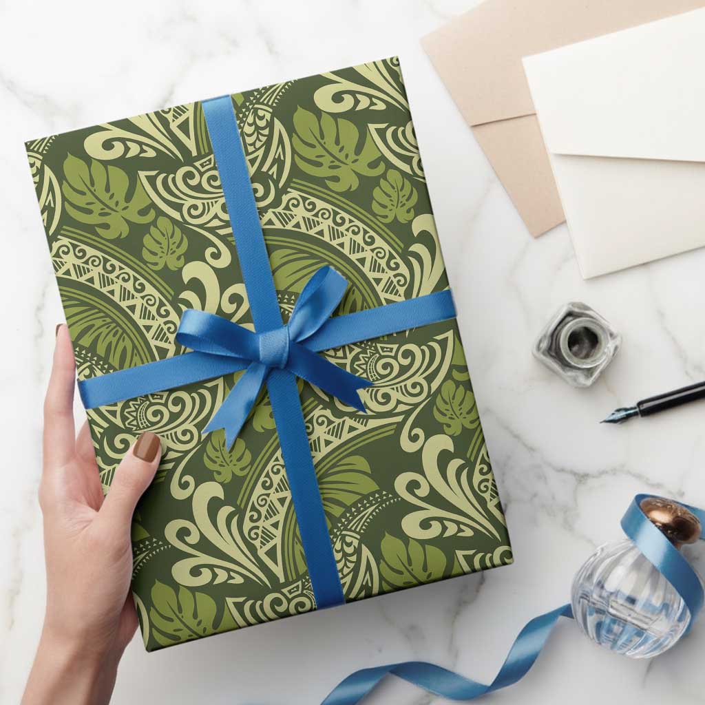 Olive Green Monstera Wrapping Paper Polynesian Tribal Pattern - Polynesian Pride