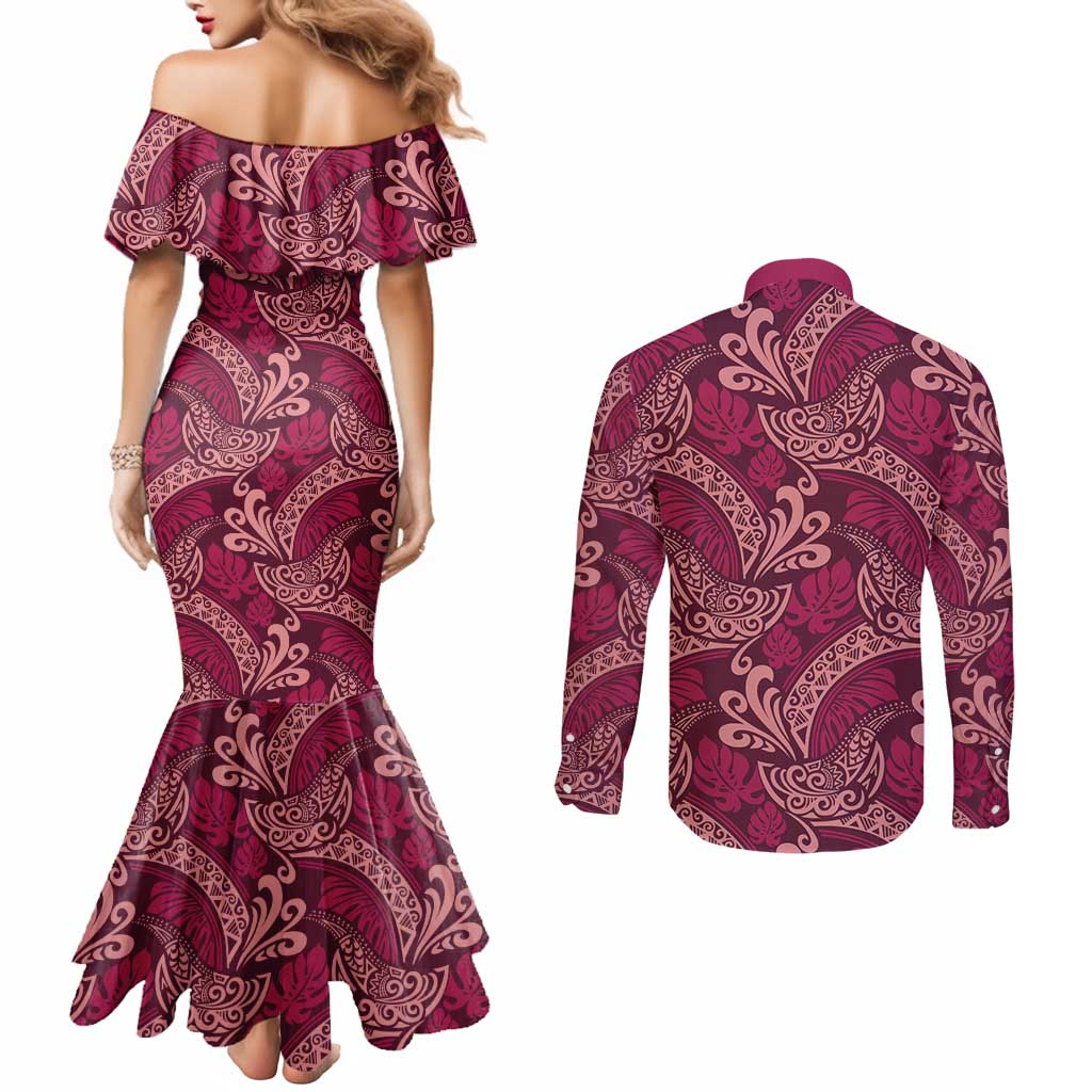 Sweet Pink Monstera Couples Matching Mermaid Dress and Long Sleeve Button Shirt Polynesian Tribal Pattern - Polynesian Pride