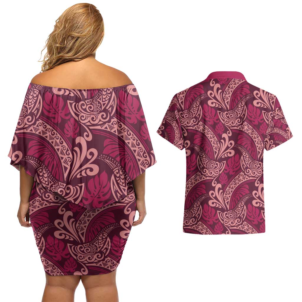 Sweet Pink Monstera Couples Matching Off Shoulder Short Dress and Hawaiian Shirt Polynesian Tribal Pattern LT01 - Polynesian Pride