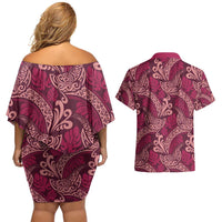 Sweet Pink Monstera Couples Matching Off Shoulder Short Dress and Hawaiian Shirt Polynesian Tribal Pattern LT01 - Polynesian Pride