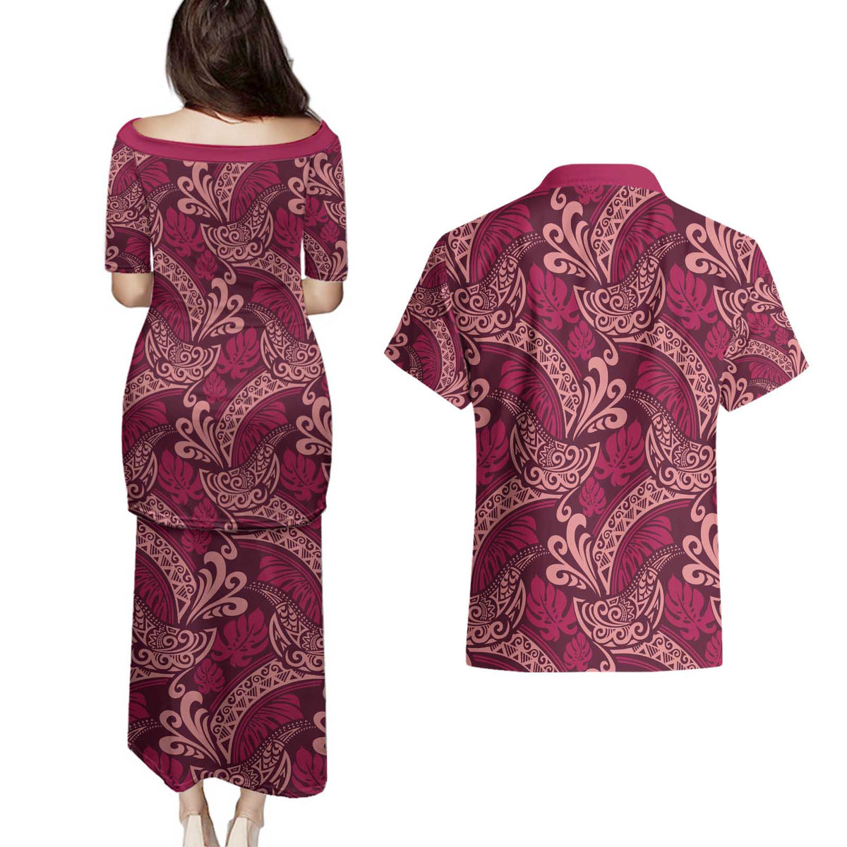 Sweet Pink Monstera Couples Matching Puletasi and Hawaiian Shirt Polynesian Tribal Pattern - Polynesian Pride