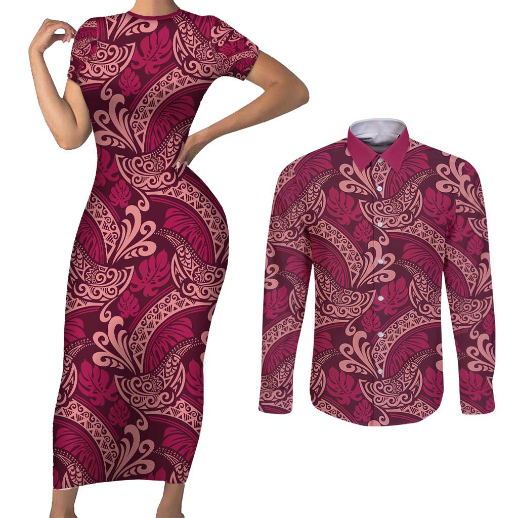 Sweet Pink Monstera Couples Matching Short Sleeve Bodycon Dress and Long Sleeve Button Shirt Polynesian Tribal Pattern LT01 Pink - Polynesian Pride