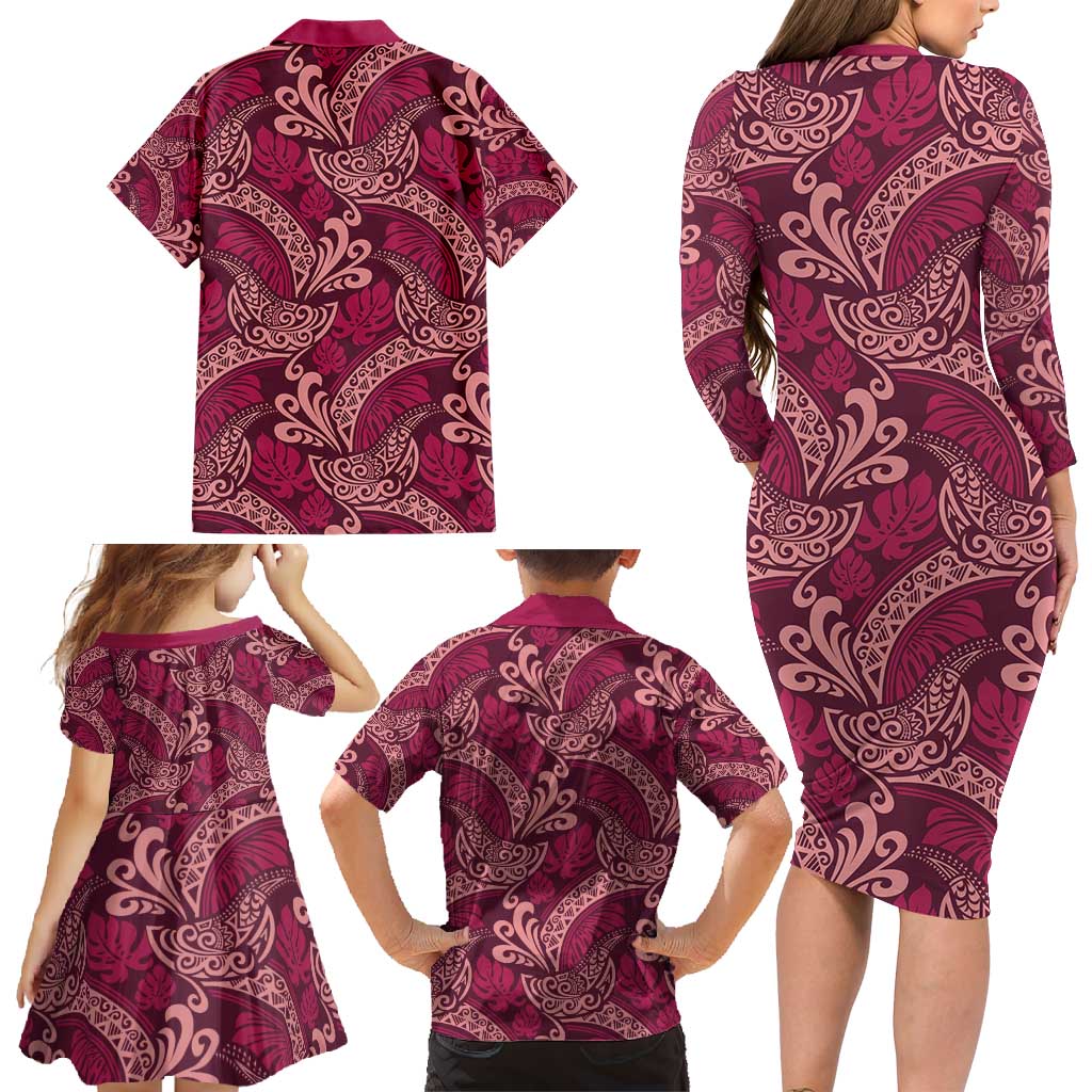 Sweet Pink Monstera Family Matching Long Sleeve Bodycon Dress and Hawaiian Shirt Polynesian Tribal Pattern LT01 - Polynesian Pride