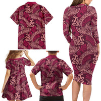 Sweet Pink Monstera Family Matching Long Sleeve Bodycon Dress and Hawaiian Shirt Polynesian Tribal Pattern LT01 - Polynesian Pride