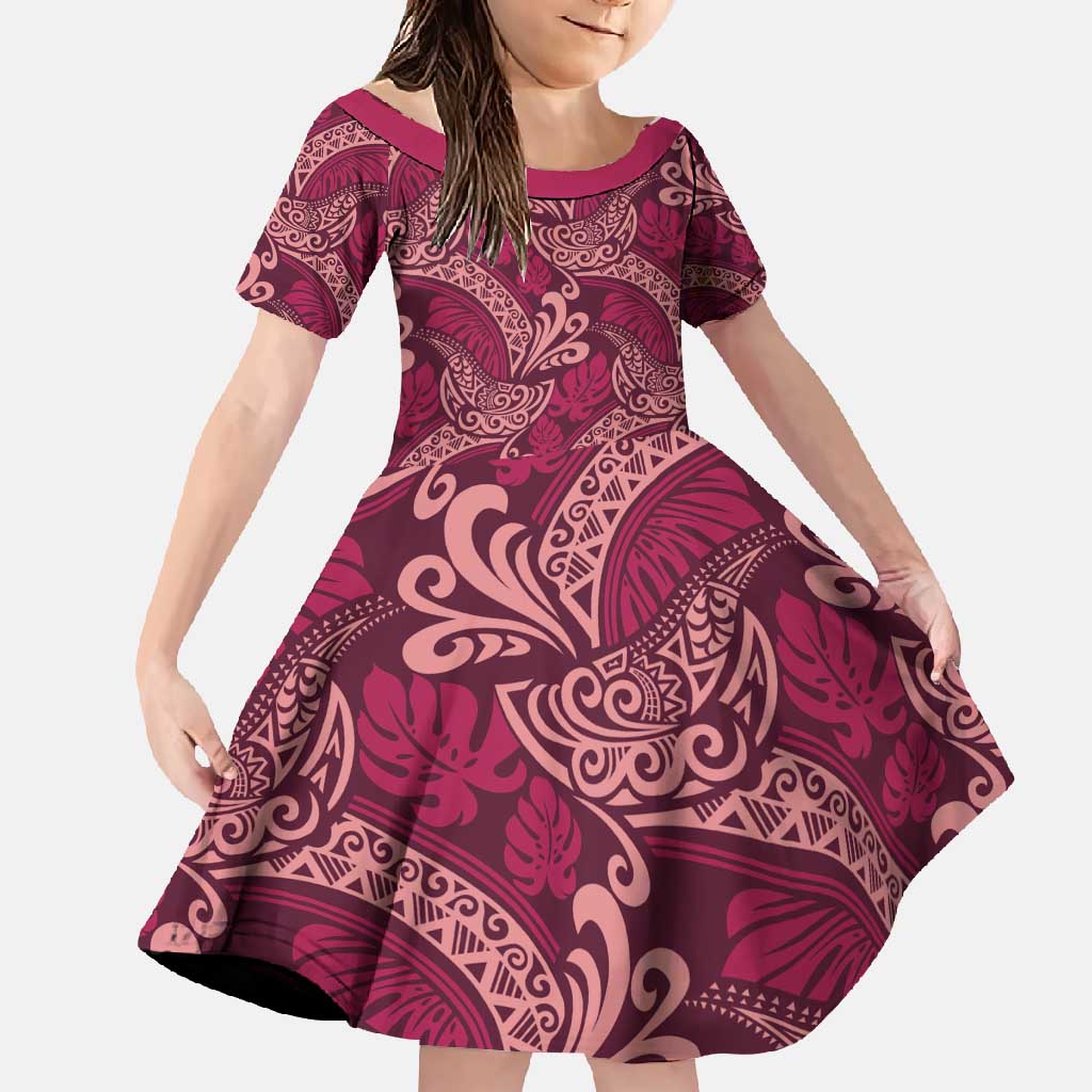 Sweet Pink Monstera Family Matching Mermaid Dress and Hawaiian Shirt Polynesian Tribal Pattern LT01 Daughter's Dress Pink - Polynesian Pride