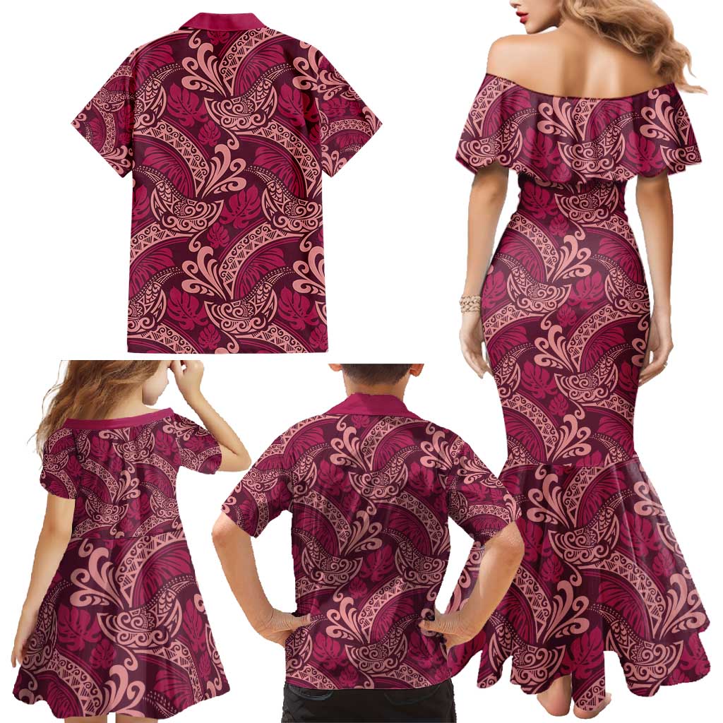 Sweet Pink Monstera Family Matching Mermaid Dress and Hawaiian Shirt Polynesian Tribal Pattern LT01 - Polynesian Pride