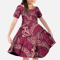 Sweet Pink Monstera Family Matching Off The Shoulder Long Sleeve Dress and Hawaiian Shirt Polynesian Tribal Pattern LT01 Daughter's Dress Pink - Polynesian Pride