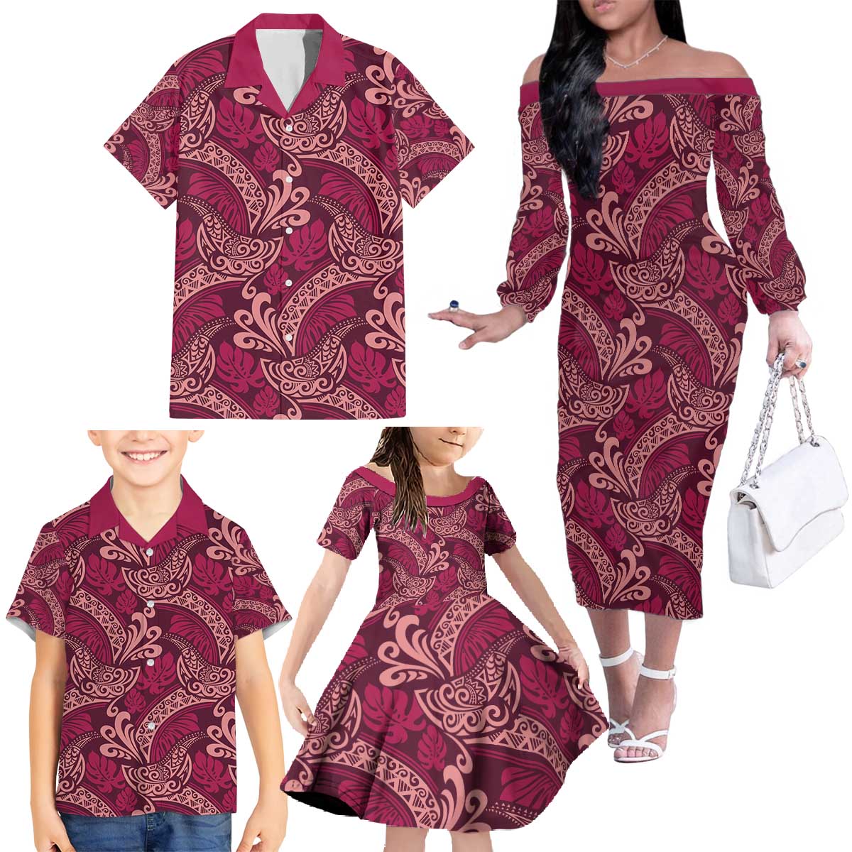 Sweet Pink Monstera Family Matching Off The Shoulder Long Sleeve Dress and Hawaiian Shirt Polynesian Tribal Pattern LT01 - Polynesian Pride