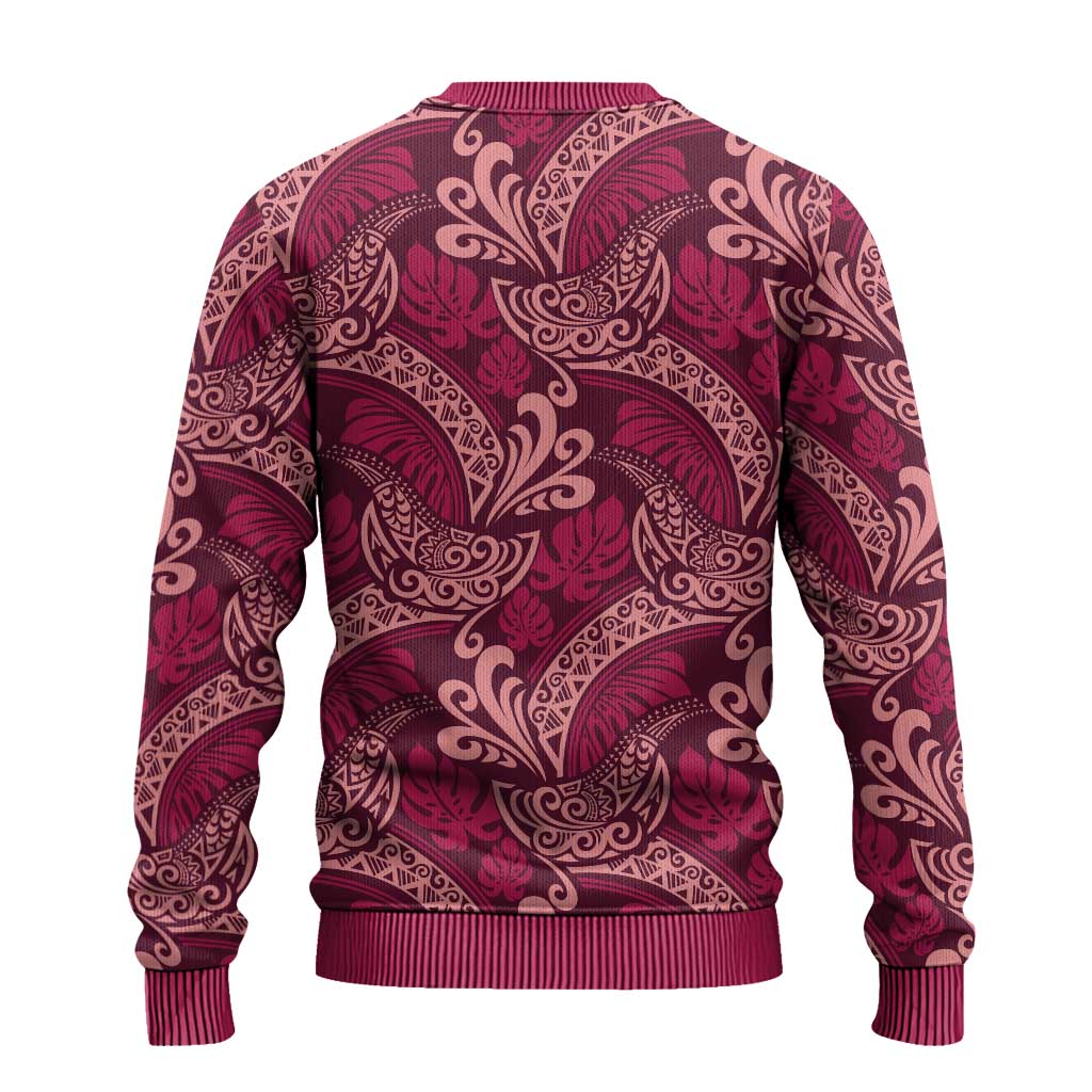 Sweet Pink Monstera Ugly Christmas Sweater Polynesian Tribal Pattern - Polynesian Pride