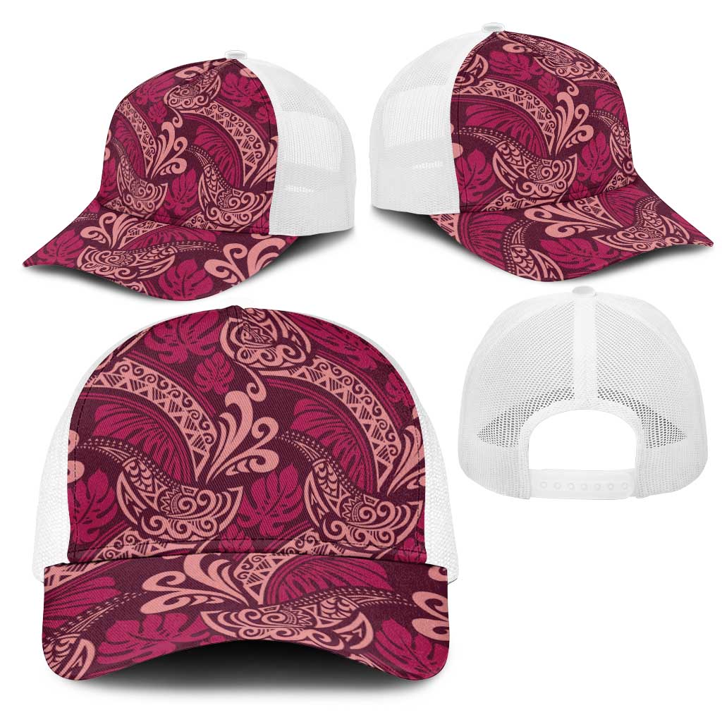 Sweet Pink Monstera Mesh Trucker Cap Polynesian Tribal Pattern - Polynesian Pride