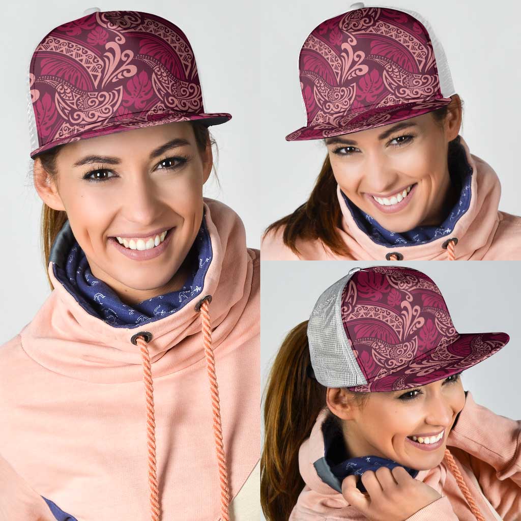Sweet Pink Monstera Mesh Trucker Cap Polynesian Tribal Pattern - Polynesian Pride