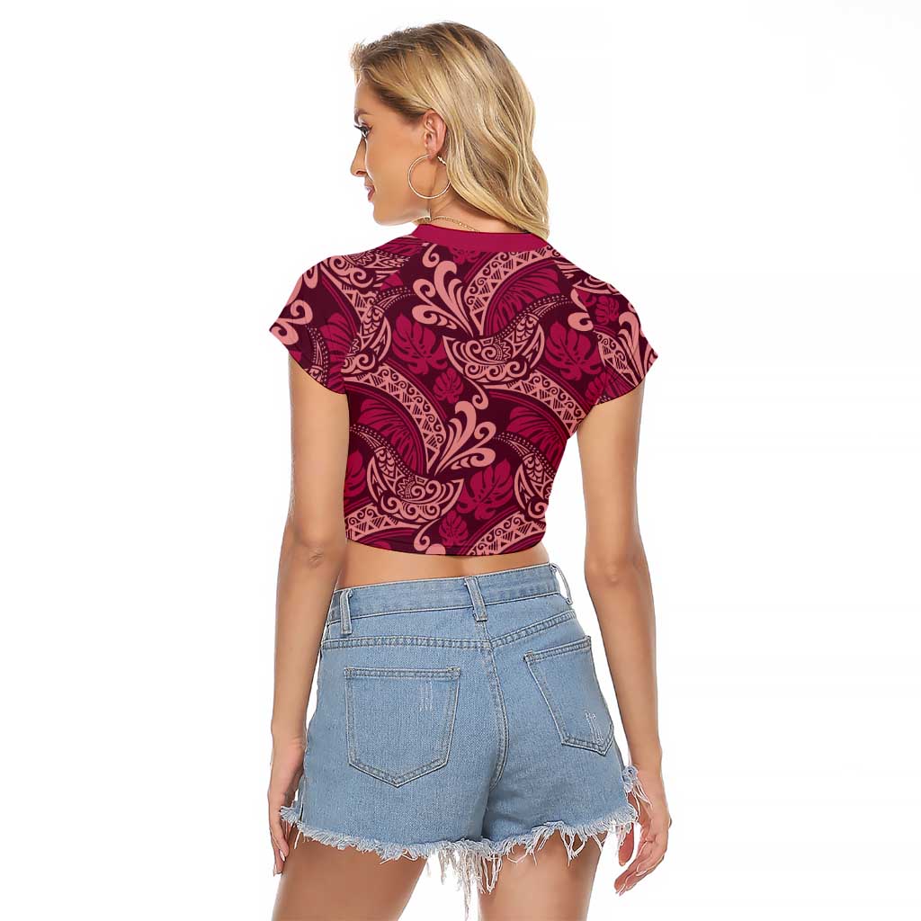 Sweet Pink Monstera Raglan Cropped T Shirt Polynesian Tribal Pattern - Polynesian Pride