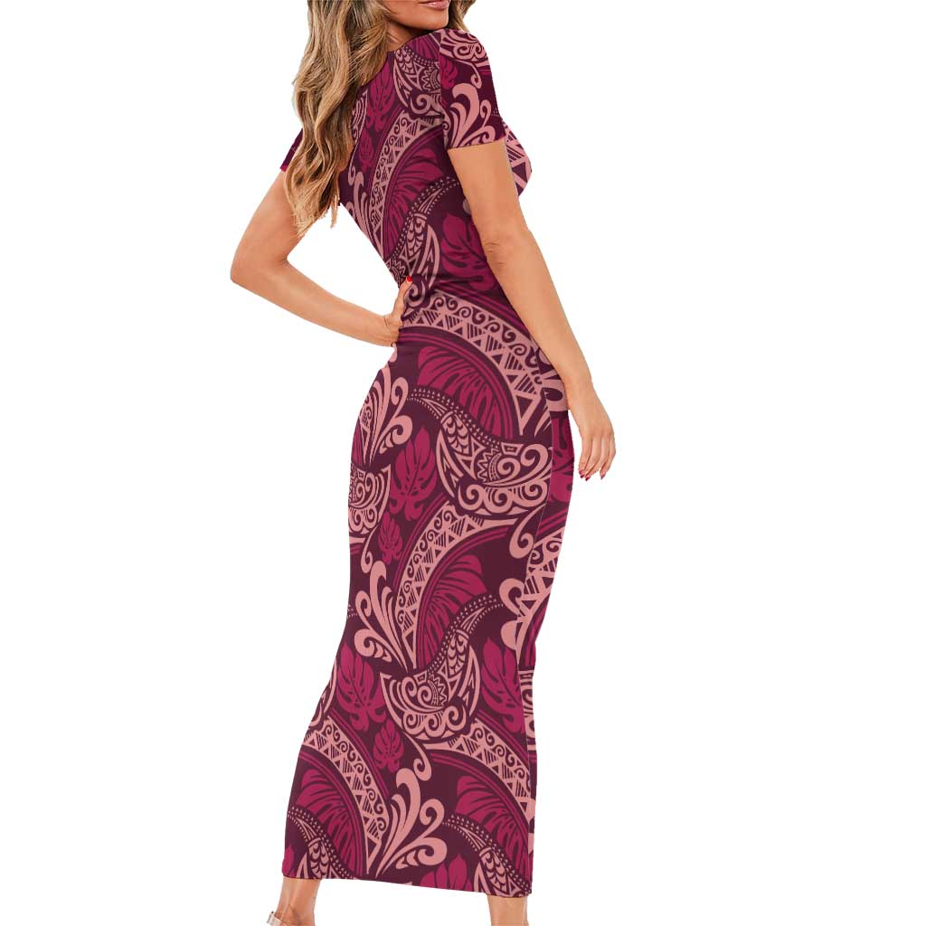 Sweet Pink Monstera Short Sleeve Bodycon Dress Polynesian Tribal Pattern - Polynesian Pride