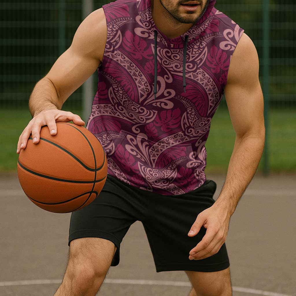 Sweet Pink Monstera Sleeveless Hoodie Polynesian Tribal Pattern - Polynesian Pride