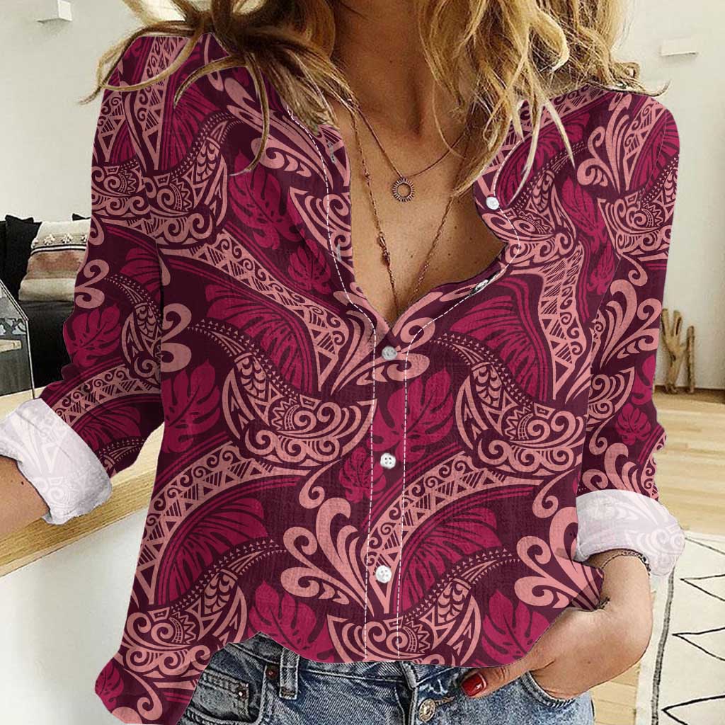 Sweet Pink Monstera Women Casual Shirt Polynesian Tribal Pattern LT01 Female Pink - Polynesian Pride