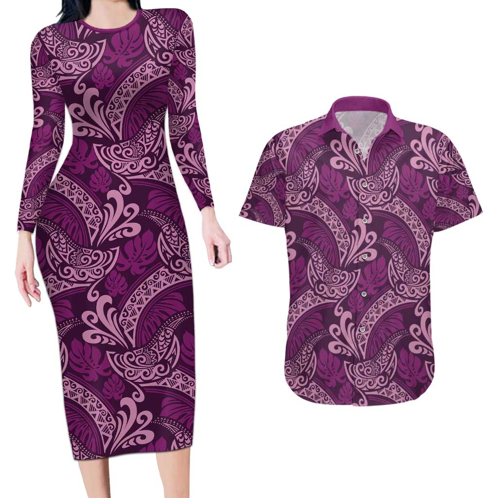 Royal Purple Monstera Couples Matching Long Sleeve Bodycon Dress and Hawaiian Shirt Polynesian Tribal Pattern LT01 Purple - Polynesian Pride