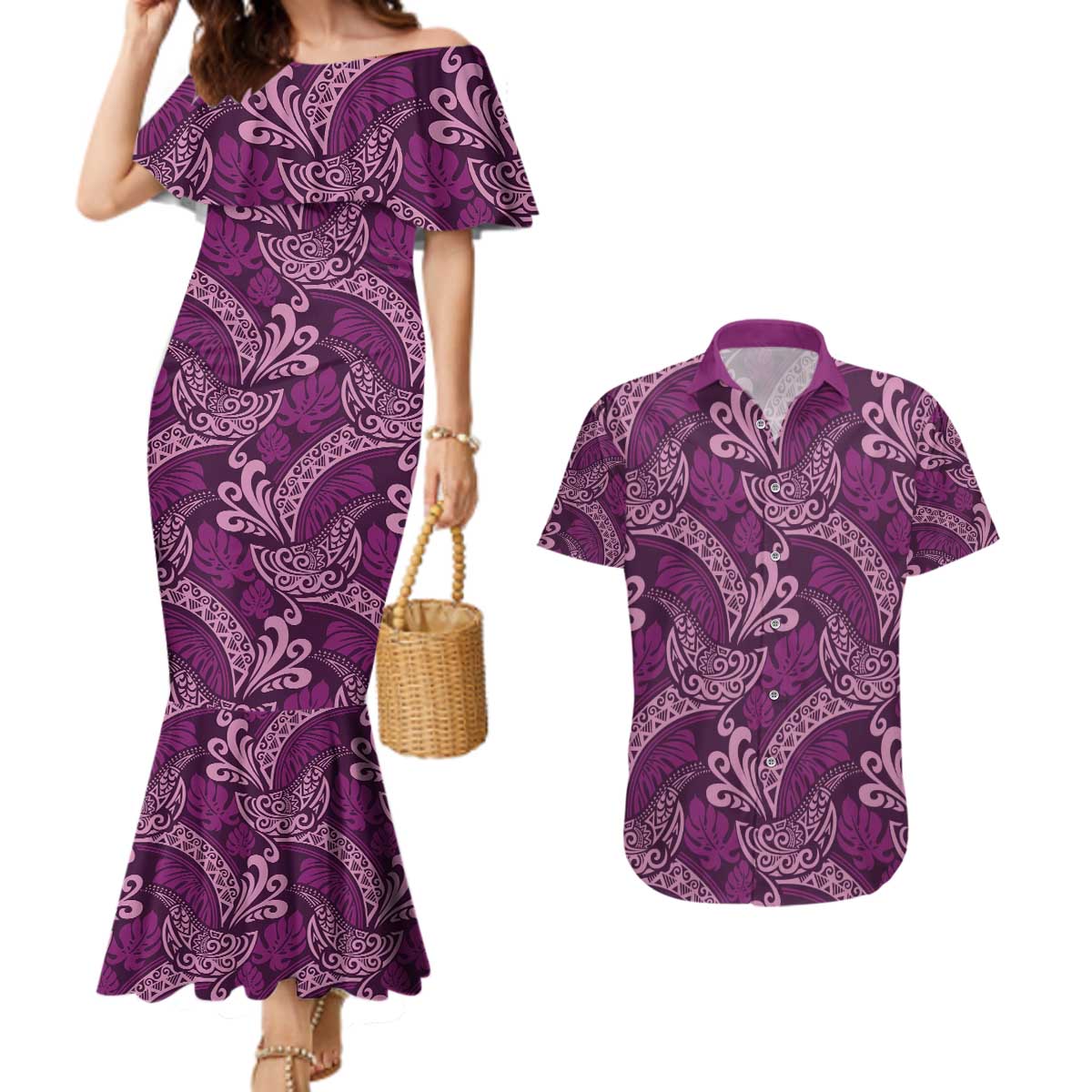 Royal Purple Monstera Couples Matching Mermaid Dress and Hawaiian Shirt Polynesian Tribal Pattern LT01 Purple - Polynesian Pride