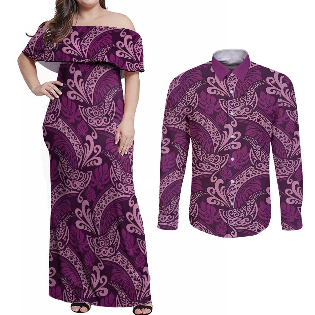 Royal Purple Monstera Couples Matching Off Shoulder Maxi Dress and Long Sleeve Button Shirt Polynesian Tribal Pattern LT01 Purple - Polynesian Pride