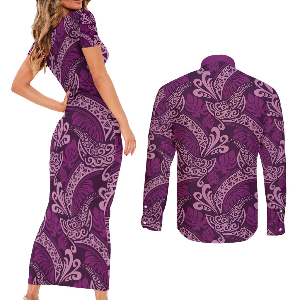 Royal Purple Monstera Couples Matching Short Sleeve Bodycon Dress and Long Sleeve Button Shirt Polynesian Tribal Pattern LT01 - Polynesian Pride