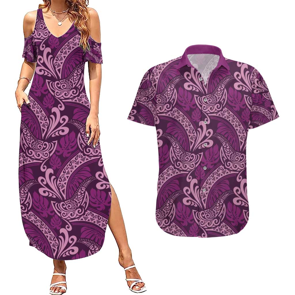 Royal Purple Monstera Couples Matching Summer Maxi Dress and Hawaiian Shirt Polynesian Tribal Pattern LT01 Purple - Polynesian Pride