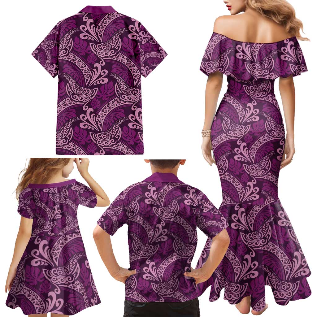 Royal Purple Monstera Family Matching Mermaid Dress and Hawaiian Shirt Polynesian Tribal Pattern LT01 - Polynesian Pride
