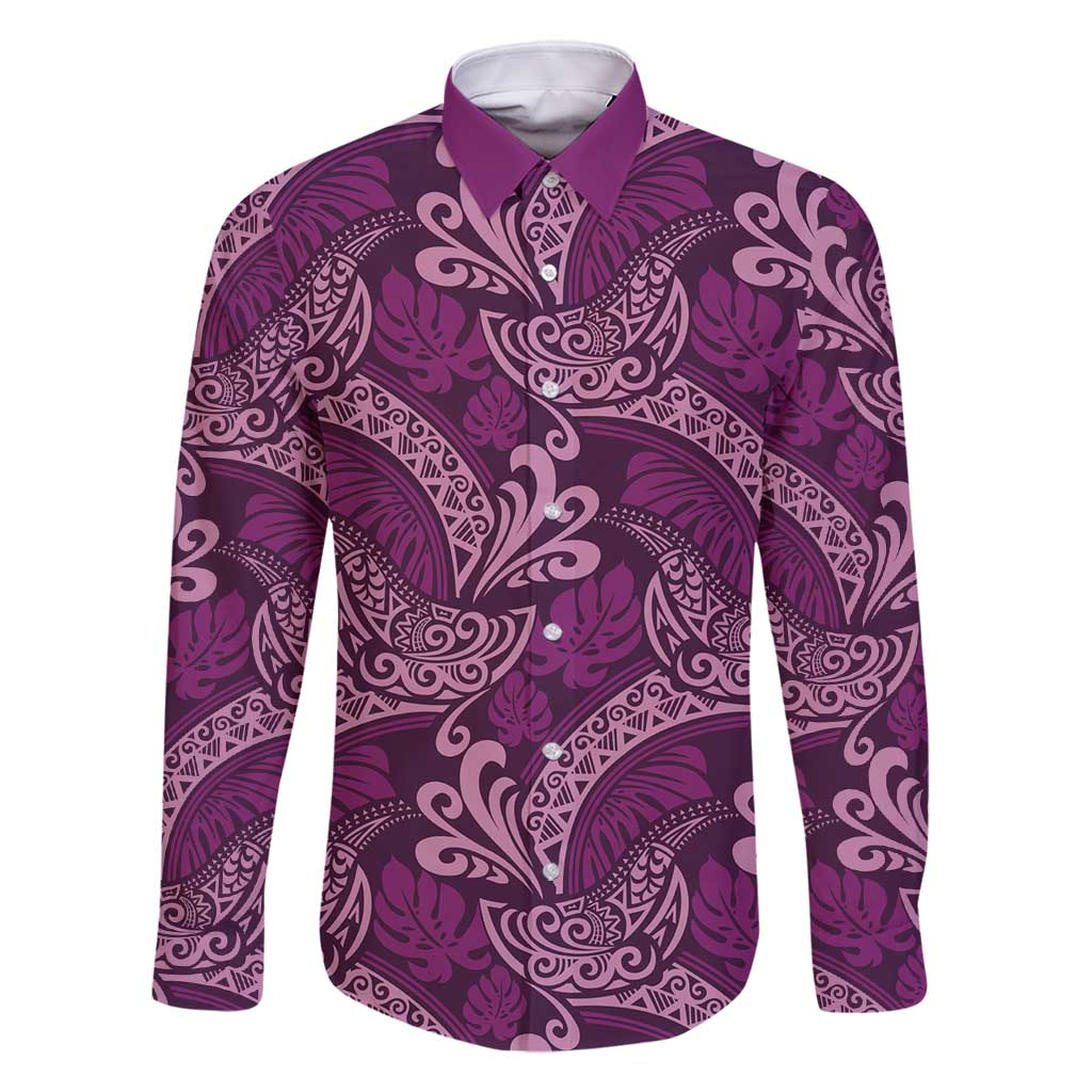 Royal Purple Monstera Family Matching Mermaid Dress and Hawaiian Shirt Polynesian Tribal Pattern LT01 Dad's Shirt - Long Sleeve Purple - Polynesian Pride