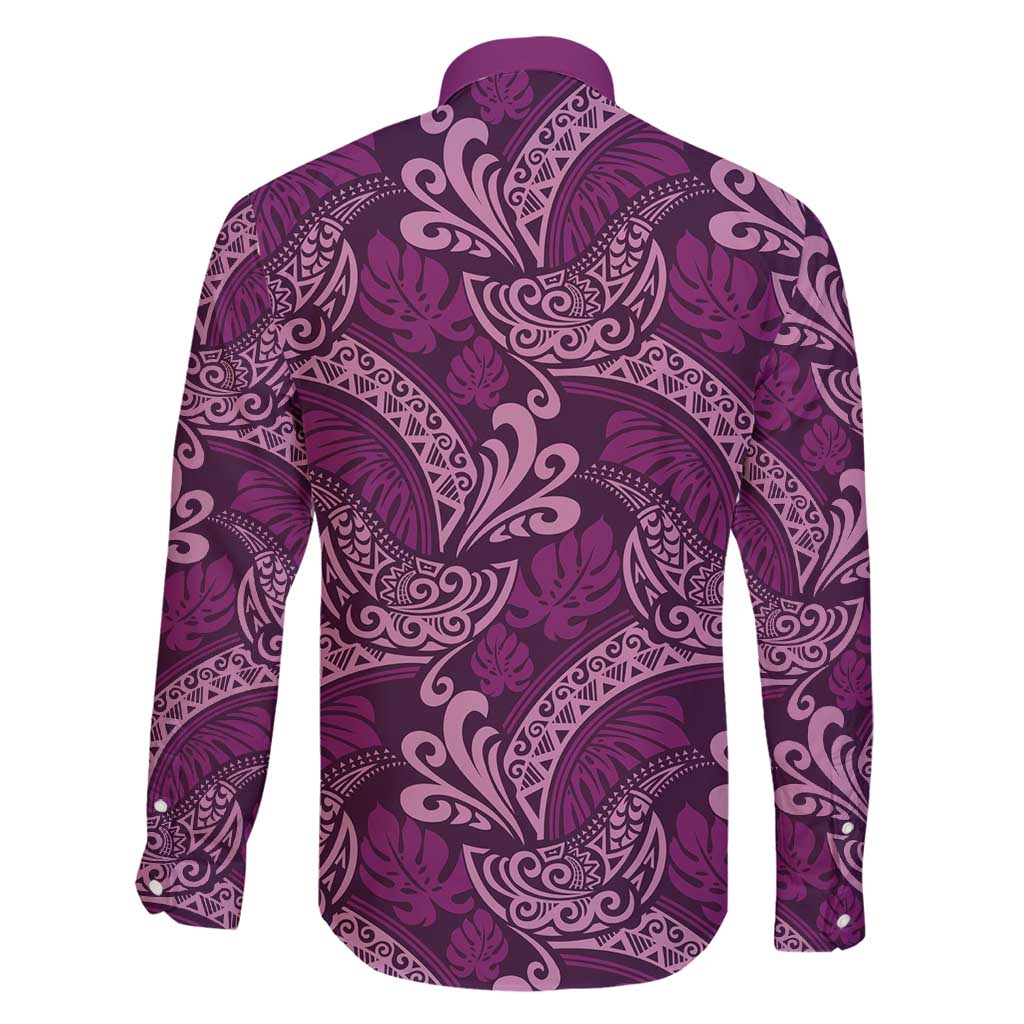 Royal Purple Monstera Family Matching Off Shoulder Short Dress and Hawaiian Shirt Polynesian Tribal Pattern - Polynesian Pride