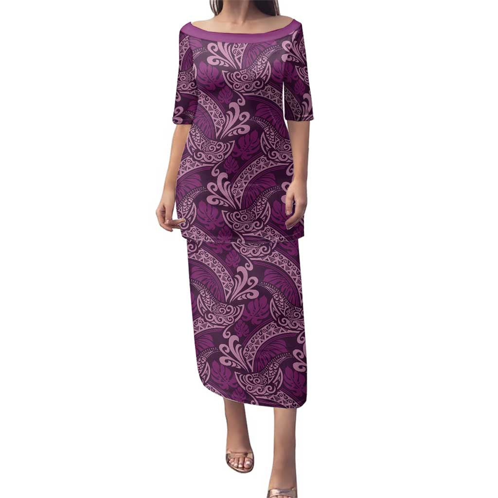 Royal Purple Monstera Family Matching Puletasi and Hawaiian Shirt Polynesian Tribal Pattern - Polynesian Pride