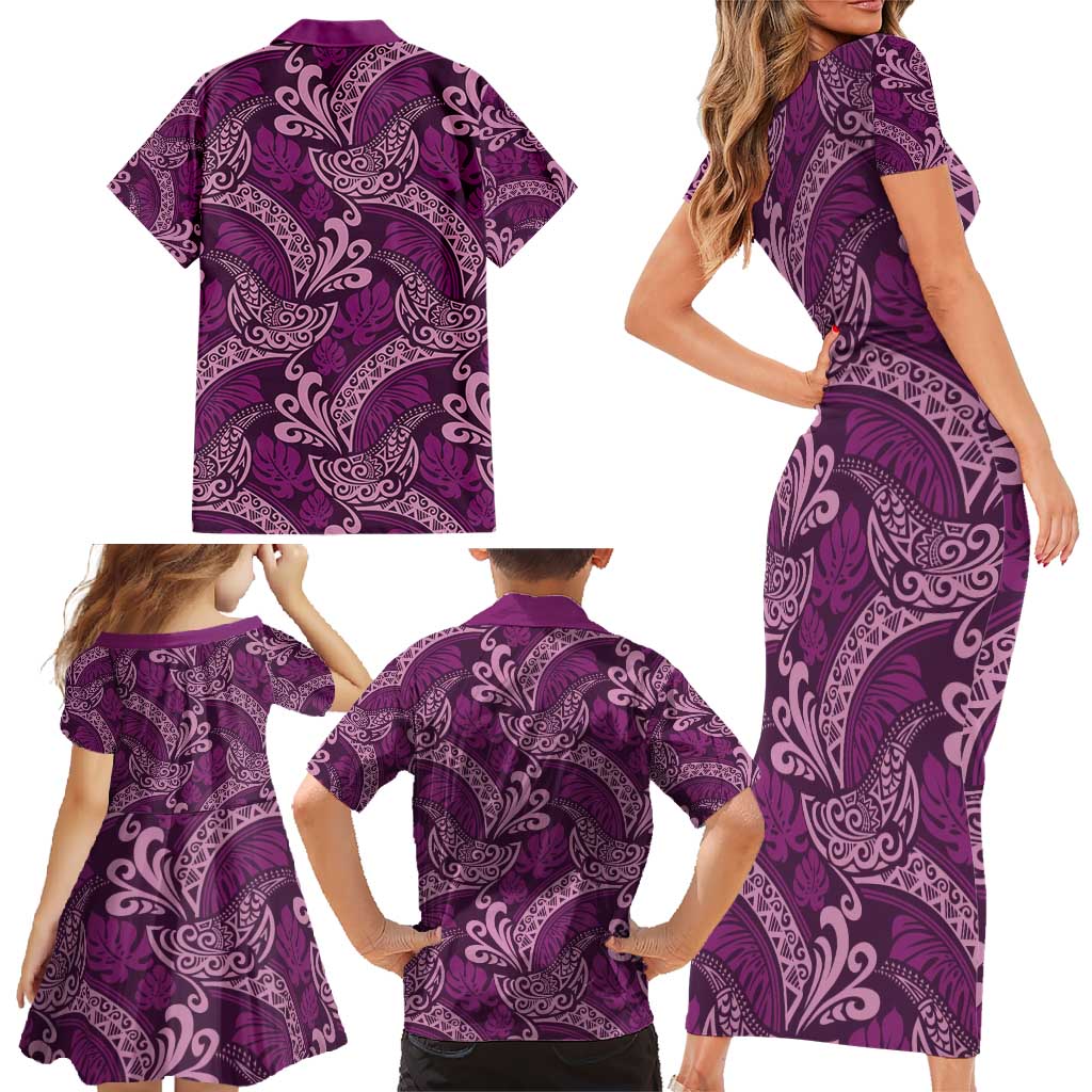 Royal Purple Monstera Family Matching Short Sleeve Bodycon Dress and Hawaiian Shirt Polynesian Tribal Pattern LT01 - Polynesian Pride