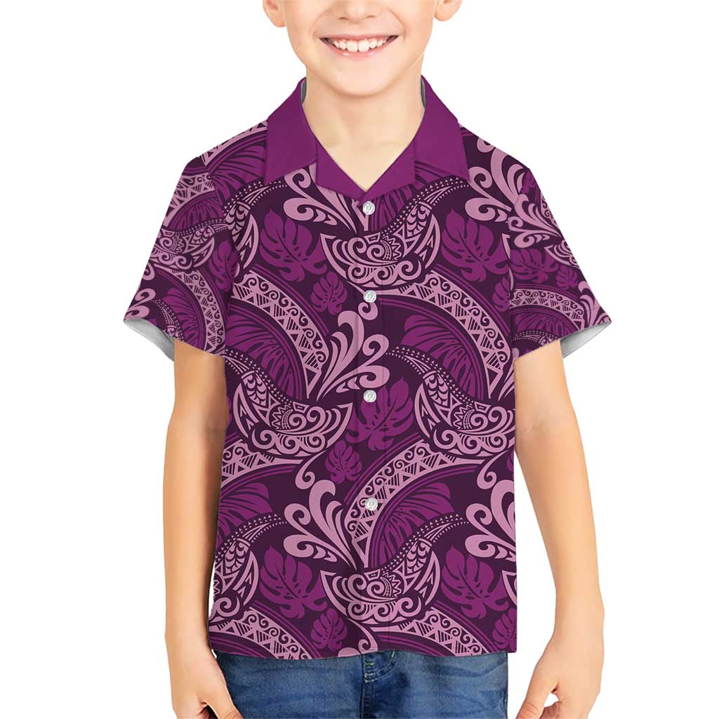 Royal Purple Monstera Family Matching Short Sleeve Bodycon Dress and Hawaiian Shirt Polynesian Tribal Pattern LT01 Son's Shirt Purple - Polynesian Pride