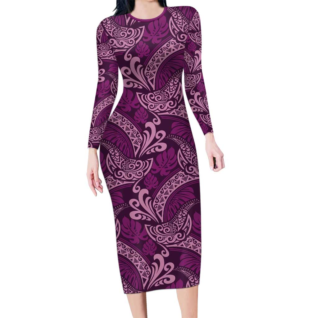 Royal Purple Monstera Long Sleeve Bodycon Dress Polynesian Tribal Pattern - Polynesian Pride