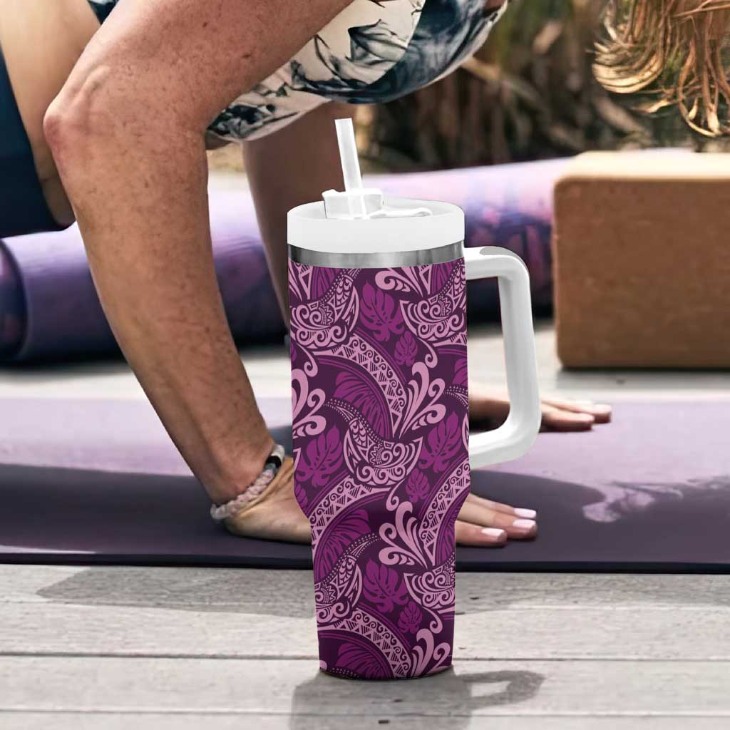 Royal Purple Monstera Tumbler With Handle Polynesian Tribal Pattern - Polynesian Pride