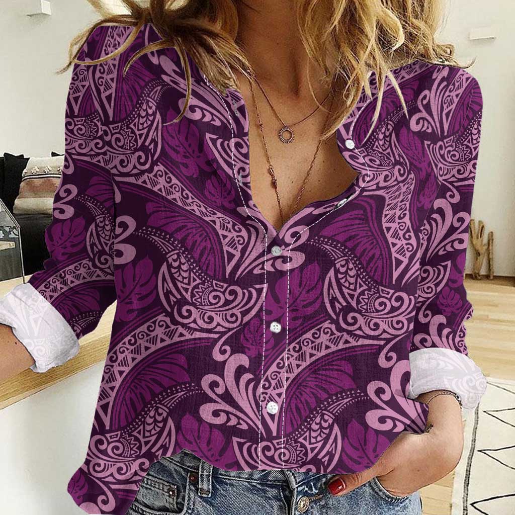 Royal Purple Monstera Women Casual Shirt Polynesian Tribal Pattern LT01 Female Purple - Polynesian Pride