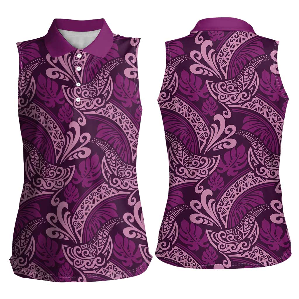 Royal Purple Monstera Women Sleeveless Polo Shirt Polynesian Tribal Pattern LT01 - Polynesian Pride