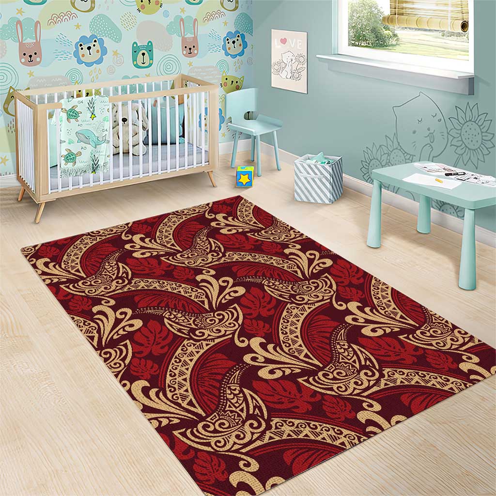 Luxury Red Monstera Area Rug Polynesian Tribal Pattern - Polynesian Pride