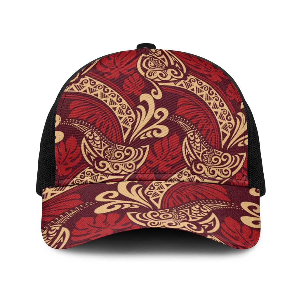 Luxury Red Monstera Baseball Net Cap Polynesian Tribal Pattern - Polynesian Pride