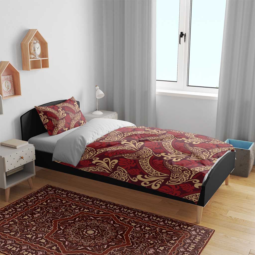 Luxury Red Monstera Bedding Set Polynesian Tribal Pattern - Polynesian Pride