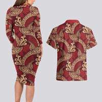 Luxury Red Monstera Couples Matching Long Sleeve Bodycon Dress and Hawaiian Shirt Polynesian Tribal Pattern - Polynesian Pride