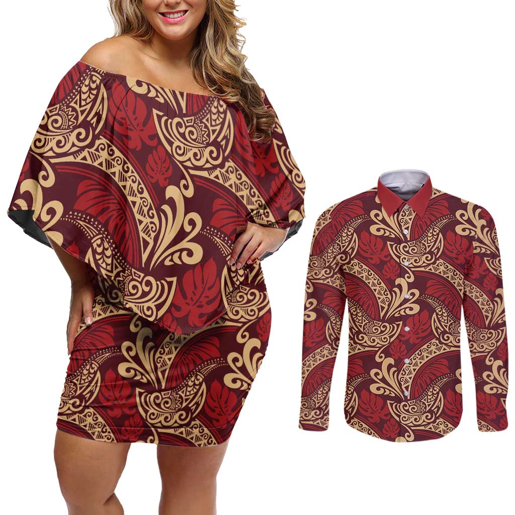 Luxury Red Monstera Couples Matching Off Shoulder Short Dress and Long Sleeve Button Shirt Polynesian Tribal Pattern LT01 Red - Polynesian Pride