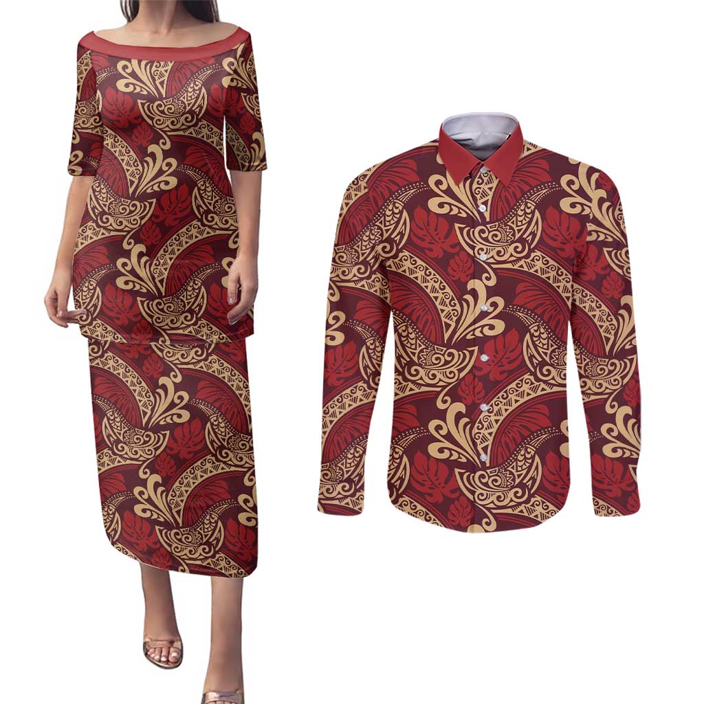 Luxury Red Monstera Couples Matching Puletasi and Long Sleeve Button Shirt Polynesian Tribal Pattern - Polynesian Pride