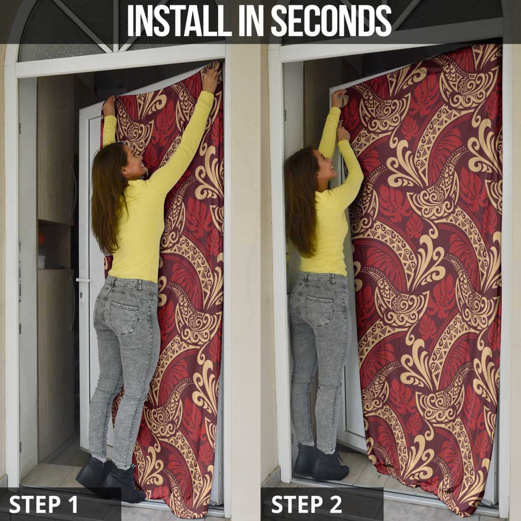 Luxury Red Monstera Door Cover Polynesian Tribal Pattern - Polynesian Pride